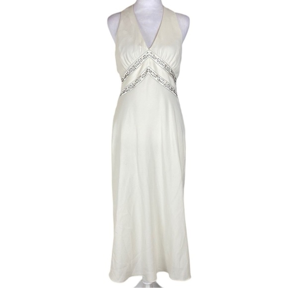 Evan Picone White Halter Beaded Cocktail Party Midi Dress size 8 - Picture 1 of 9